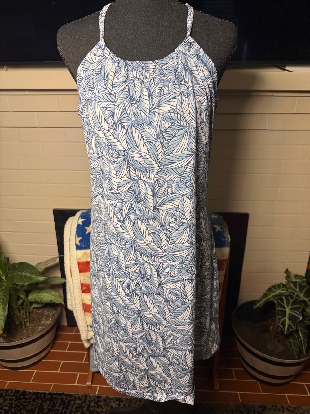 Eddie Bauer Blue and White Leaf-Print Halter Mini Dress